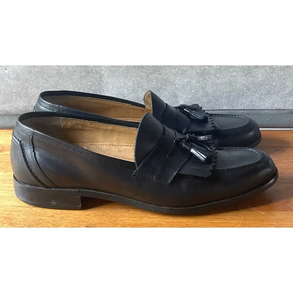 Chaps Mens 9.5M Black Leather Kiltie Fringe Tassel Loafers Dress Shoes